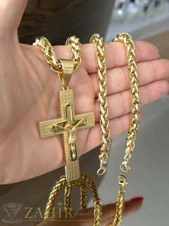 Най-харесваният позлатен стоманен ланец, плетка въже 60 см, широк 0,7 см, с висулка уникален гравиран стоманен кръст 6 на 4 см - ML1815